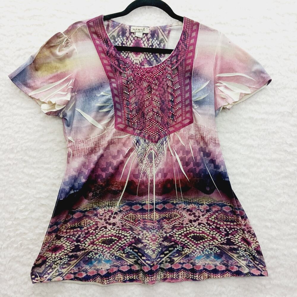 Tunic Blouse Pink Blue Ombre Rhinestone Scoop Lace Insert Boho Whimsycore Size S